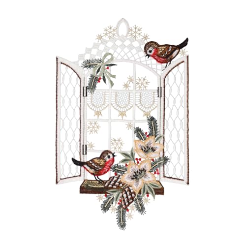 Fensterbild Winterfenster farbig 20 x 32 cm aus Plauener Spitze Fensterdeko Fensterschmuck Bilder Handarbeit Deko Fenster von PGV