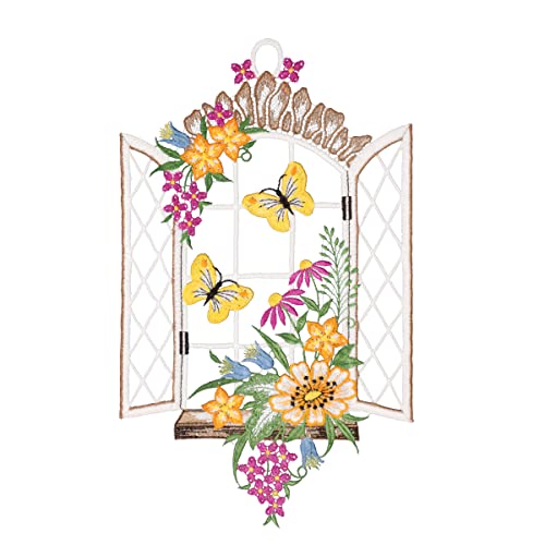 Plauener Spitze Fensterbild Frühlingsfenster farbig 19 x 32 cm Fensterdeko Fensterschmuck Bilder Handarbeit Deko Fenster von PGV