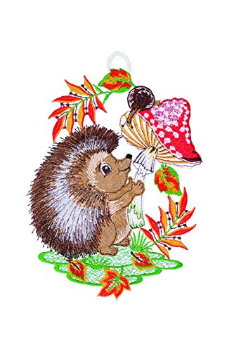 Plauener Spitze Fensterbild "Igel mit Fliegenpilz" farbig 19 x 27 cm Fensterdeko Fensterschmuck Bilder Handarbeit Deko Fenster von PGV