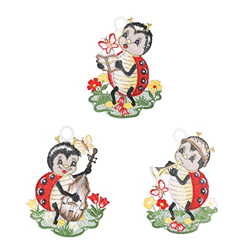 Plauener Spitze Fensterbild "Käfer-Band" 3er-Set, farbig, je 11 x 15 cm, Plauener Spitze Fensterdeko Fensterschmuck Bilder Handarbeit Deko Fenster von PGV