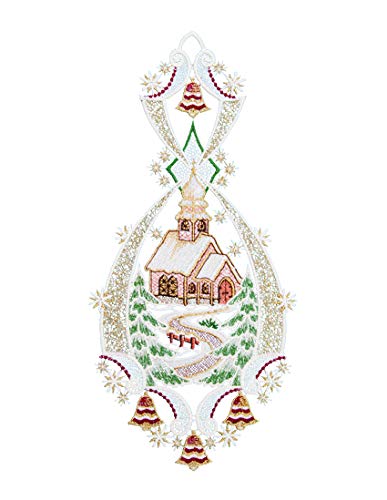 Plauener Spitze Fensterbild "Landschaft Kirche" farbig 17 x 36 cm Fensterdeko Fensterschmuck Bilder Handarbeit Deko Fenster von PGV