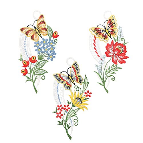 Plauener Spitze Fensterbild "Schmetterlinge mit Blüte" 3er-Set, farbig, je 10 x 21 cm, Plauener Spitze Fensterdeko Fensterschmuck Bilder Handarbeit Deko Fenster von PGV