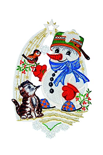 Plauener Spitze Fensterbild "Schneemann und Katze" farbig 19 x 30 cm Fensterdeko Fensterschmuck Bilder Handarbeit Deko Fenster von PGV