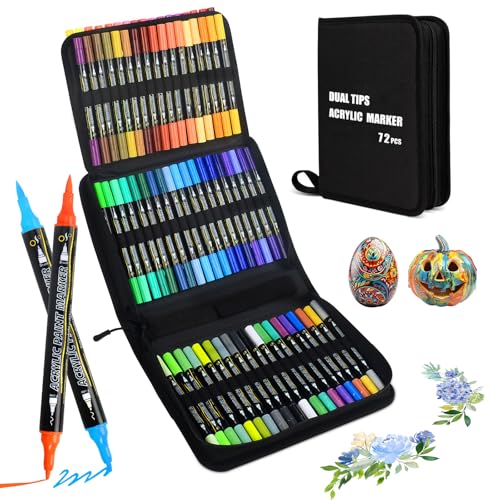 72 Acrylstifte Set für Steine Wasserfest, Steine Zum Bemalen Stifte mit Doppelspitze (Feine Spitze und Pinsel), Acrylic Marker, Acrylstifte Verschiedene Oberflächen, Multimarker Acryl mit Einer Tasche von PGonline