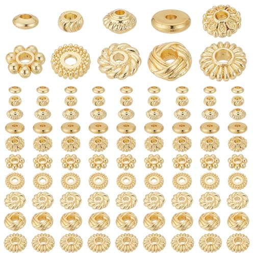 PH PandaHall 100 Stück 18 Karat Gold Abstandsperlen 10 Stile Metallperlen Flache Runde Blumen Rondelle Perlen Lose Perlen Für Mehrschichtige Armbänder Halsketten Ohrringe Satelliten Schmuckherstellung von PH PandaHall