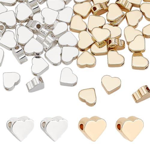 PH PandaHall 100pcs 14K Gold plattiert Herz Perle 2 Farben Gold Silber Herz Abstandshalter Perle Liebe Herz geformt Metall lose Perlen für Weihnachten Valentinstag Craft Schmuck machen, 6x7x3mm von PH PandaHall