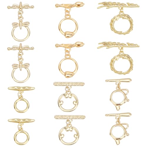 PH PandaHall 12 Sätze 18K Gold Toggle Clasps, Schmuck Clasps 6 Styles OT Verschlüsse T-bar Verschluss Clasps Schmuck-Verschluss-Klammern Ring Blume Teekanne Toggle Connector für Schmuckherstellung von PH PandaHall