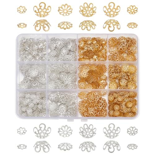 PH PandaHall 1330 Stück Blumenperlen-Kappen 12 Modelle Filigrane Blumen-Kappe Metall-Zwischenperle Silber-Gold-Perle Blumenförmige Endkappen für DIY Armbänder Halsketten Ohrringe Bastelbedarf von PH PandaHall