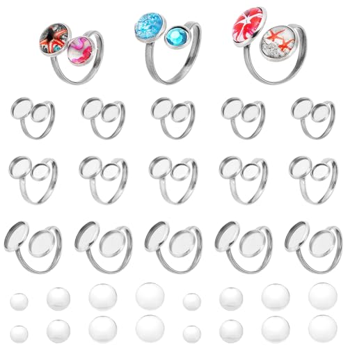 PH PandaHall 18 Stück Edelstahl Ringbasis Fingerring Leere Basis Manschettenringeinstellungen Flache Runde Polsterung Ringbasis Mit 36 Stück Glas Cabochons Für DIY Ringherstellung Kunsthandwerk von PH PandaHall