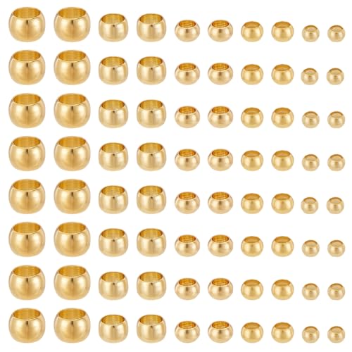PH PandaHall 500 Stück 18K Goldperlen 5 Größen Vergoldete Perlen Quetschperlen Lose Kugeln Rocailles Abstandsperlen Für Selbstgemachte Halsketten Armbänder 2mm 2.5mm 3mm 4mm 5mm, 1~4mm Loch von PH PandaHall