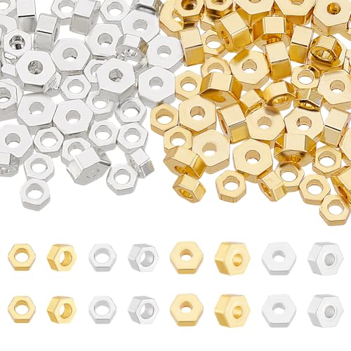 PH PandaHall 18K Vergoldete Sechseckige Abstandsperlen 120 Stück 4 Stile Goldene Und Silberne Perlen Für Die Herstellung von Armbändern Und Schmuck Metallscheibenperlen Für Heimwerkerarbeiten von PH PandaHall