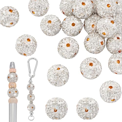 PH PandaHall 20 Stück 16mm Strass Tonperlen Mit Blumen Runde Kristallperlen Glänzende Abstandsperlen Zur Schmuckherstellung Discokugel Perlen Für Weihnachten von PH PandaHall
