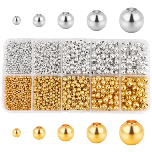 PH PandaHall 2340 Stück Abstandsperlen Aus Metall Runde Kugel Glatte Perlen 5 Größen Gold/Silber Für Armbänder Ohrringe Halsketten Ringe DIY Basteln Schmuckherstellung von PH PandaHall