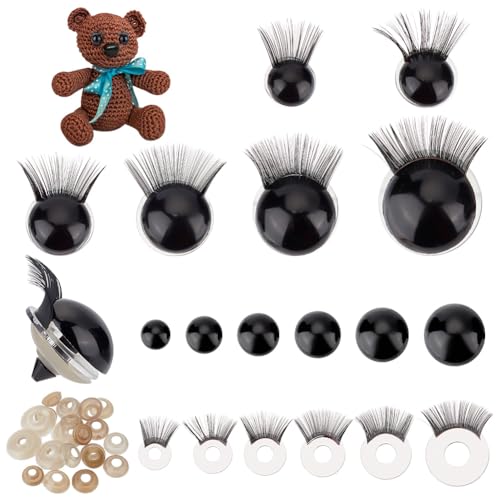 PH PandaHall 24 Sets Sicherheitsaugen Mit Wimpern Schwarze Häkelaugen 6 Größen Bastel Tieraugen Mit Unterlegscheibe Für Die Herstellung von Amigurumi Bär Plüsch Häkeltieren 12/14/16/18/20/24mm von PH PandaHall