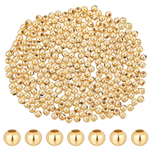PH PandaHall 300 Stück 24K Vergoldete Abstandsperlen 3.5 mm Kugelperlen Runde Glatte Perlen Lose Messingperlen Für Sommer Strand Bastelarbeiten Geschichtete Armbänder Halsketten Schmuckherstellung von PH PandaHall