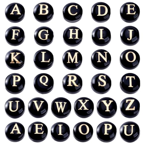 PH PandaHall 32 Stück Alphabet Buchstabenperlen 8x5mm AZ Perle Schwarze Flache Runde Bastelperlen Mit Goldenem Emaille Stein Alphabet Perle Für Selbstgemachte Ohrringe Und Armbänder von PH PandaHall