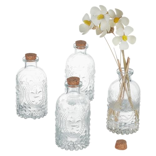 PH PandaHall 4 Stück 200 ml Glasflaschen Mit Korkdeckel Vintage Geprägte Flaschen Klare Diffusorflaschen Zaubergläser Für Blumen Dekor Hochzeitsmittelstück von PH PandaHall
