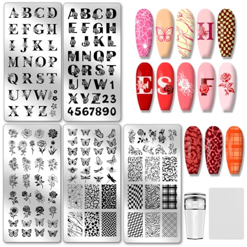 PH PandaHall 5pcs Buchstaben Nagel Stamping Plates Rose Flower Nails Art Schablonen Schmetterlinge Nail Art Schablonen Textur Nägel Schablonen mit Stamper und Schaber für Frauen DIY Print Design von PH PandaHall