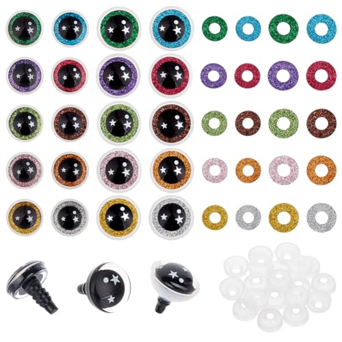 PH PandaHall 60 Sets Glitzer-Sicherheitsaugen, 10 Farben, Kunststoff, Bastelaugen, 2 Größen, Regenbogen-Häkelauge, Stern, Amigurumi-Auge mit Unterlegscheibe für Teddybär, Puppe, Plüsch, Häkeln von PH PandaHall