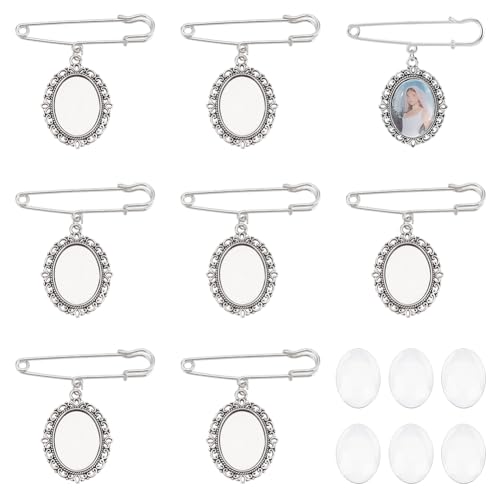 PH PandaHall 8 Sets DIY Pin Broschen Making Kit einschließlich 8 Stück Eisen Broschen Tablett mit 8 Stück Oval Klar Glas Cabochons Boutonniere Bouquet Charms für Hochzeit Party Antik Silber & Platin von PH PandaHall