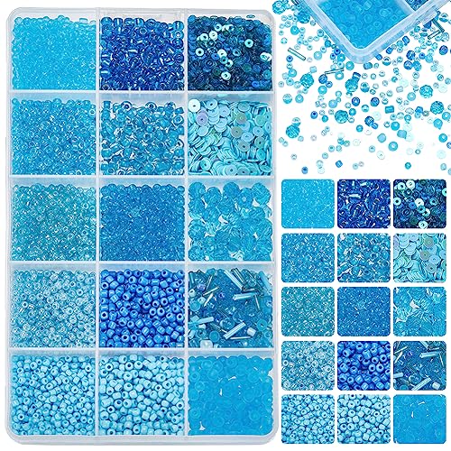 PH PandaHall 9600 Stück blaue Bastelperlen – 12 Stile, 2–6 mm Glas-Rocaille- und Pony-Perlen, Stift- und facettierte Perlen, flache runde Pailletten für Schmuckherstellung von PH PandaHall