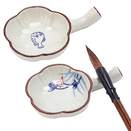 PH PandaHall Plant Ink Dish Porcelain Ink Plate with Handle Chinese Calligraphy Painting Brush Rest Holder Flower Shape Multifunctional Ink Dish for Calligraphy Sumi-e Painting Japanese Prints von PH PandaHall