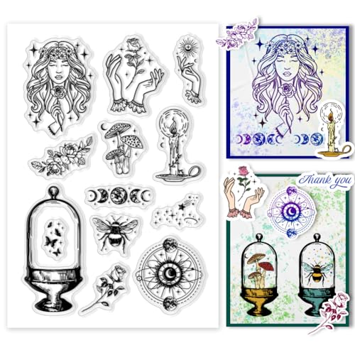 PH PandaHall Transparente Stempel Für Die Kartengestaltung Gummistempel Göttin Der Sonne Und Des Mondes Magischer Transparenter Bastelstempel Blumen Siegelstempel Für DIY Scrapbooking Stempel von PH PandaHall