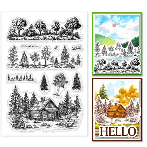 PH PandaHall Transparente Stempel Mit Baumhintergrund Zum Gestalten von Karten Waldhütte Silikonstempel Transparenter Bastelsiegelstempel Für Scrapbook Bastelalbum von PH PandaHall