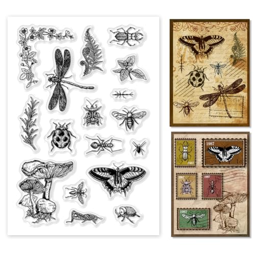 PH PandaHall Transparente Stempel Mit Insekten Illustration Vintage Pflanzen Gummistempel Silikonstempel Hintergrund Transparente Stempel Für Die Kartengestaltung Fotoalbum Dekoration Scrapbooking von PH PandaHall