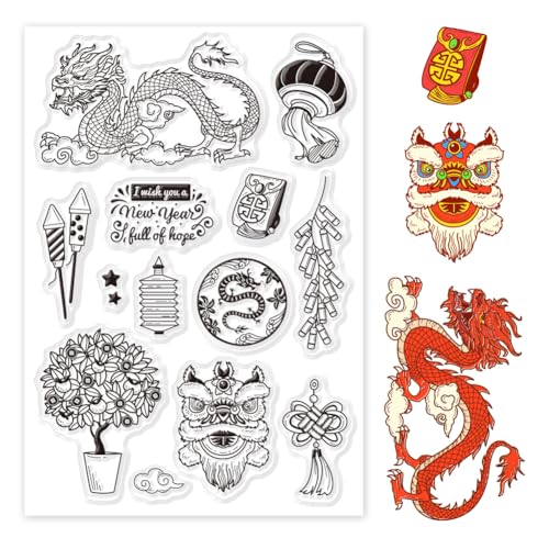 PH PandaHall Year Of The Dragon Patterns Transparente Stempel Für Die Kartenherstellung Laternen Stempel Transparentes Papier Bastelstempel Für DIY Scrapbooking Stempel Frühlingsfest Dekoration von PH PandaHall