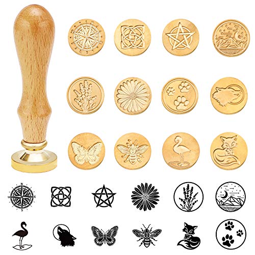 PandaHall Wax Seal Stamp Set, 12 Stück Dichtungswachsstempel Kupferdichtungen Mit 2 Stück Holzgriff, Vintage Retro Klassisches Siegel Wachs Stempelset Für Einladungskarten Briefe Umschläge Weinpakete von PH PandaHall