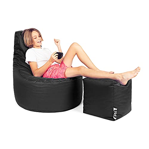 PATCH HOME Patchhome Gamer Kissen Lounge Kissen Sitzsack Sessel Sitzkissen Bean Bag + Würfel/Hocker mit Reißverschluss bereits befüllt (Black, XL - Ø75cm Sessel + 35x35cm Würfel) von PATCH HOME