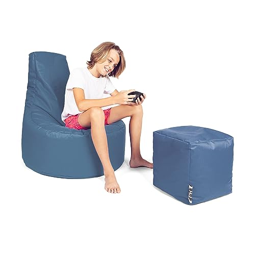PATCH HOME Patchhome Gamer Kissen Lounge Kissen Sitzsack Sessel Sitzkissen Bean Bag + Würfel/Hocker mit Reißverschluss bereits befüllt (Blaugrau, XXL - Ø80cm Sessel + 35x35cm Würfel) von PATCH HOME