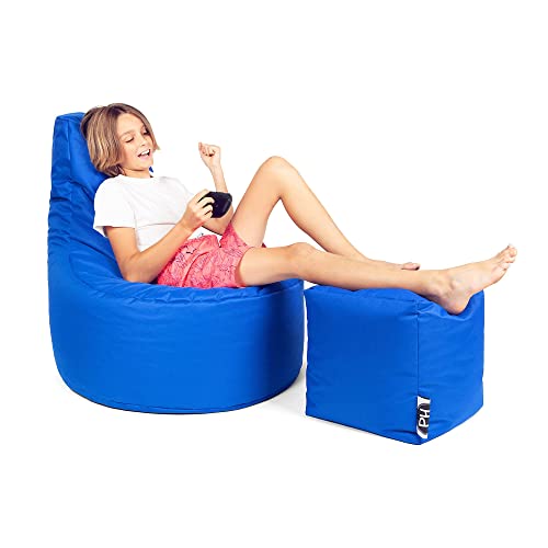 Patchhome Gamer Kissen Lounge Kissen Sitzsack Sessel Sitzkissen Bean Bag + Würfel/ Hocker mit Reißverschluss bereits befüllt (Blue, XXL - Ø80cm Sessel + 35x35cm Würfel) von PATCH HOME