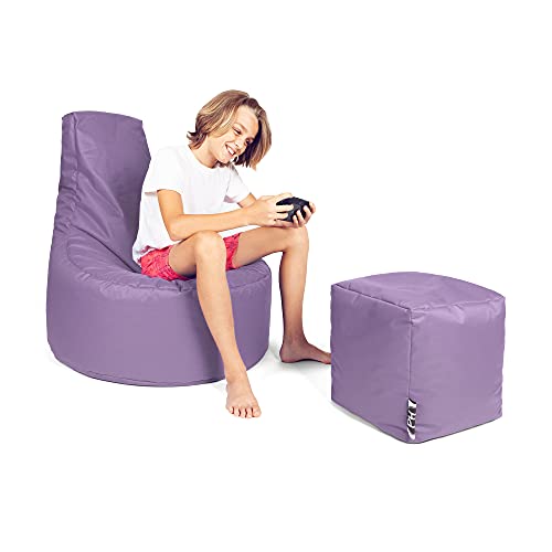 PATCH HOME Patchhome Gamer Kissen Lounge Kissen Sitzsack Sessel Sitzkissen Bean Bag + Würfel/Hocker mit Reißverschluss bereits befüllt (Flieder, XL - Ø75cm Sessel + 35x35cm Würfel) von PATCH HOME