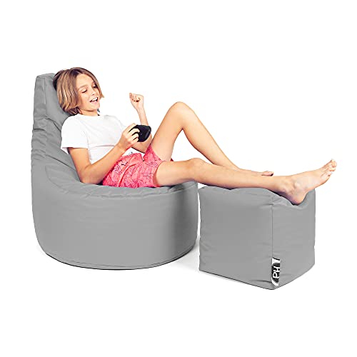 PATCH HOME Patchhome Gamer Kissen Lounge Kissen Sitzsack Sessel Sitzkissen Bean Bag + Würfel/Hocker mit Reißverschluss bereits befüllt (Grau, XL - Ø75cm Sessel + 35x35cm Würfel) von PATCH HOME