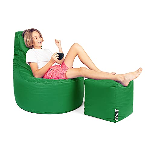 PATCH HOME Patchhome Gamer Kissen Lounge Kissen Sitzsack Sessel Sitzkissen Bean Bag + Würfel/Hocker mit Reißverschluss bereits befüllt (Green, XXL - Ø80cm Sessel + 35x35cm Würfel) von PATCH HOME