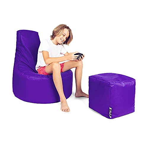 PATCH HOME Patchhome Gamer Kissen Lounge Kissen Sitzsack Sessel Sitzkissen Bean Bag + Würfel/Hocker mit Reißverschluss bereits befüllt (Purple, XXL - Ø80cm Sessel + 35x35cm Würfel) von PATCH HOME