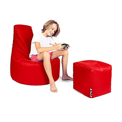 PATCH HOME Patchhome Gamer Kissen Lounge Kissen Sitzsack Sessel Sitzkissen Bean Bag + Würfel/Hocker mit Reißverschluss bereits befüllt (Rot, XL - Ø75cm Sessel + 35x35cm Würfel) von PATCH HOME