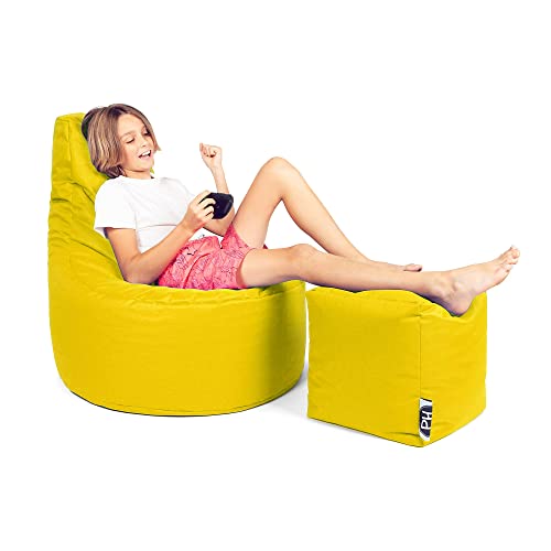 PATCH HOME Patchhome Gamer Kissen Lounge Kissen Sitzsack Sessel Sitzkissen Bean Bag + Würfel/Hocker mit Reißverschluss bereits befüllt (Yellow, XL - Ø75cm Sessel + 35x35cm Würfel) von PATCH HOME