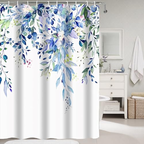 PHANPINT Duschvorhang mit Haken, 200x240cm Shower Curtains Textil Anti-schimmel Wasserdicht Waschbar Duschvorhänge (Blaue Pflanze) von PHANPINT