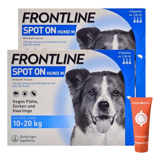 Frontline Spot on für Hunde - Zuverlässiger Schutz gegen Zecken, Flöhe und Haarlinge – Einfach aufzutragen I Sparset mit give-Away von Pharma Perle (Frontline für Hunde M 10-20 kg 2 x 3 St.) von PHARMA PERLE