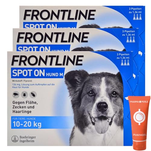 Frontline Spot on für Hunde - Zuverlässiger Schutz gegen Zecken, Flöhe und Haarlinge – Einfach aufzutragen I Sparset mit give-Away von Pharma Perle (Frontline für Hunde M 10-20 kg 3 x 3 St.) von PHARMA PERLE