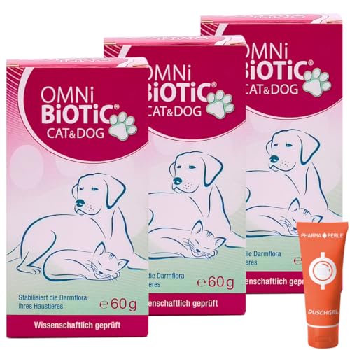 Omni-BiOTiC CAT & Dog 3X 60 g Pulver I Probiotisches Ergänzungsfuttermittel für Katzen & Hunde I Unterstützung der natürlichen Darmflora bei Verdauungsproblemen I Spar-Set Plus Pharma Perle give-Away von PHARMA PERLE