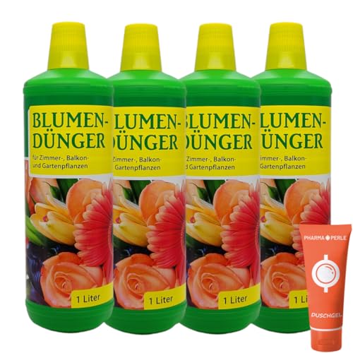 Premium Blumendünger flüssig 4x 1 l für Zimmerpflanzen, Balkon- und Gartenpflanzen I NPK 4-2-2 I Düngemittel I Flüssigdünger I Nährstoff Düngemittel I Spar-Set plus Pharma Perle give-away von PHARMA PERLE