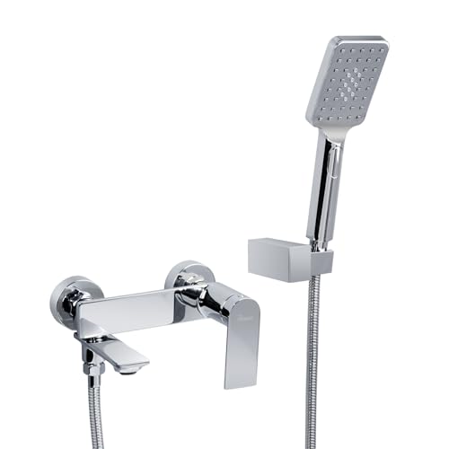 PHASAT Badewannenarmatur mit Handbrause Wandmontage Badewanne Wasserhahn mit 90° Drehbaren Auslauf, Messing Wandhalterung Wannenarmatur, Chrom BC03E von PHASAT