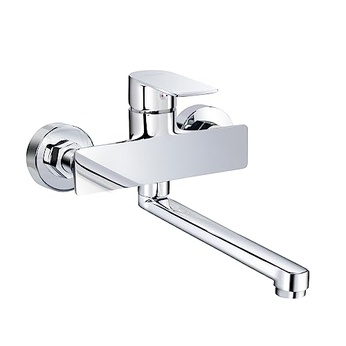 PHASAT Wasserhahn Küche Wandmontage, 360° Drehbare Küchenarmatur Wandarmatur Spüle Einhebelmischer Schwenkarm 25cm PTBC09E von PHASAT