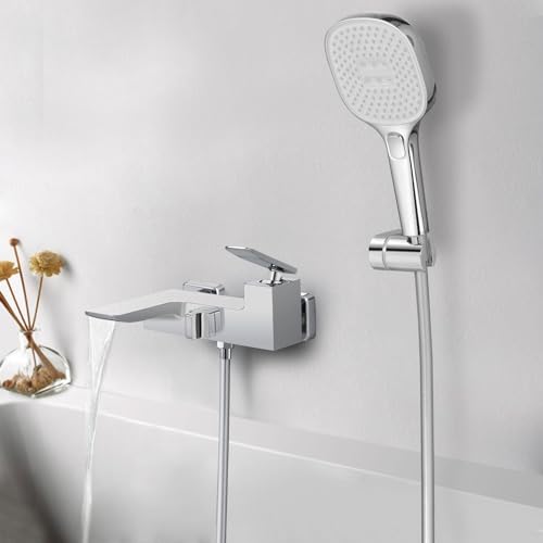 PHASAT Badewannenarmatur Chrom mit Handbrause Wasserfall Badewann Wandmontage Wasserhahn Wannenarmatur mit Umsteller PTBC12E von PHASAT