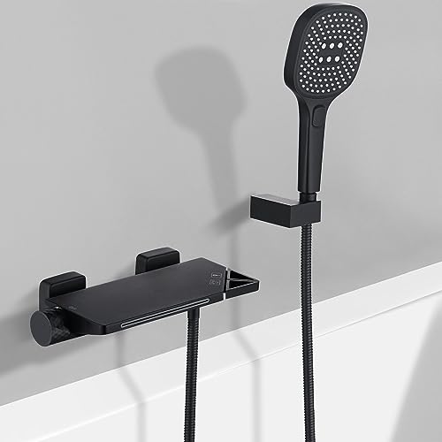 PHASAT Badewannenarmatur Wasserfall mit Brause Wasserhahn Badewanne Wandmontage Badarmatur Mischbatterie Messing Schwarz PTBB10E von PHASAT