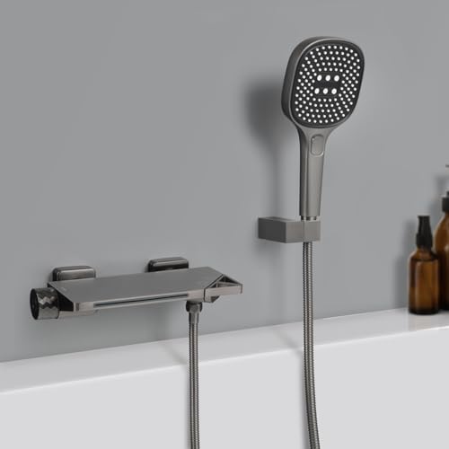PHASAT Badewannenarmatur Wasserfall mit Handbrause Wasserhahn Badewanne Wandmontage Badarmatur Mischbatterie Messing Gunmetal Grau PTBG10E von PHASAT